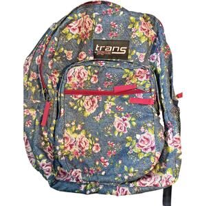 Trans by JanSport Supermax 17" Backpack Blue Denim Floral Pink Roses Bookbag